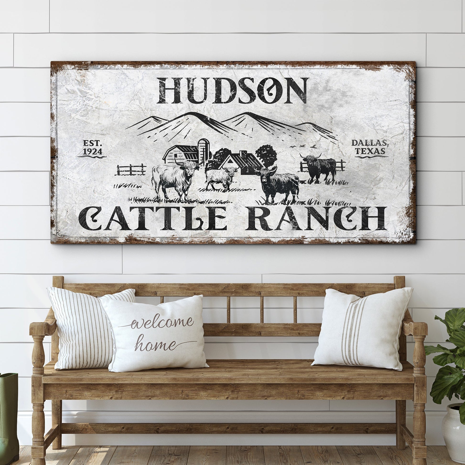 Personalized Highland Cattle Ranch Sign canvas by Tailored Canvases with rustic mountain scene on Tampa Home & Garden Store