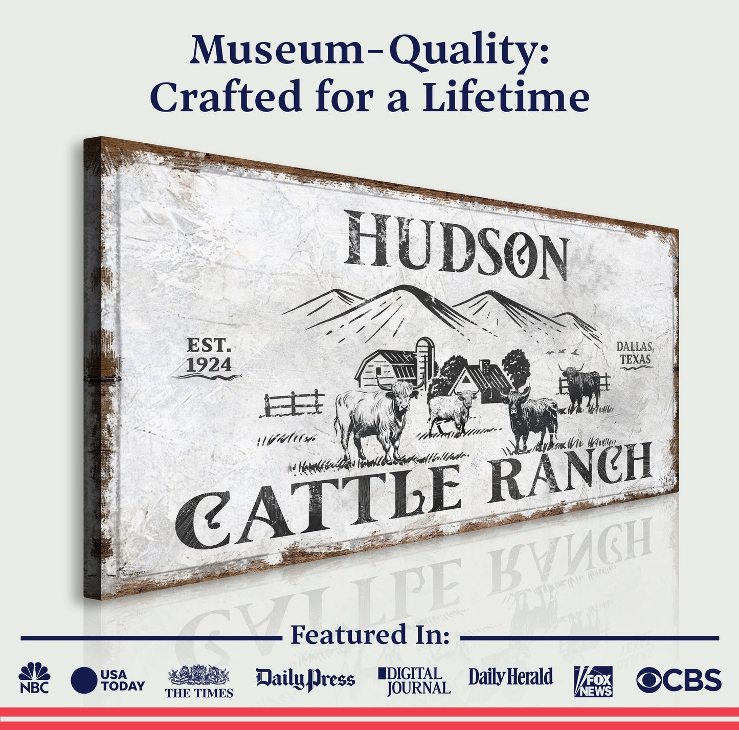 Personalized Highland Cattle Ranch Sign canvas with rustic finish and cattle scene on Tampa Home & Garden Store