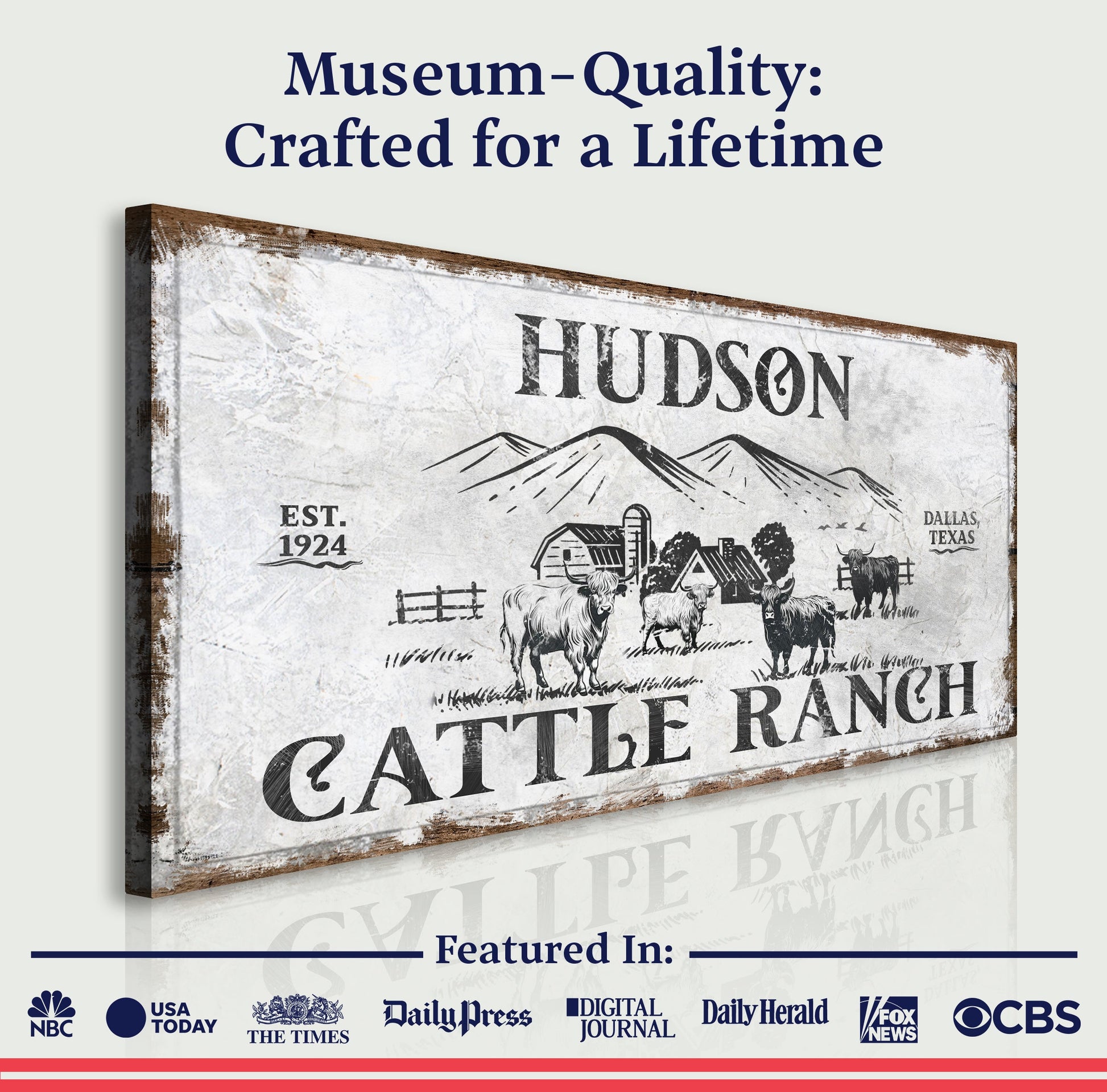 Personalized Highland Cattle Ranch Sign canvas with rustic finish and cattle scene on Tampa Home & Garden Store