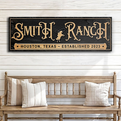 Personalized Horse Ranch Sign Canvas with gold ornate lettering on black textured surface and gold border on Tampa Home & Garden Store