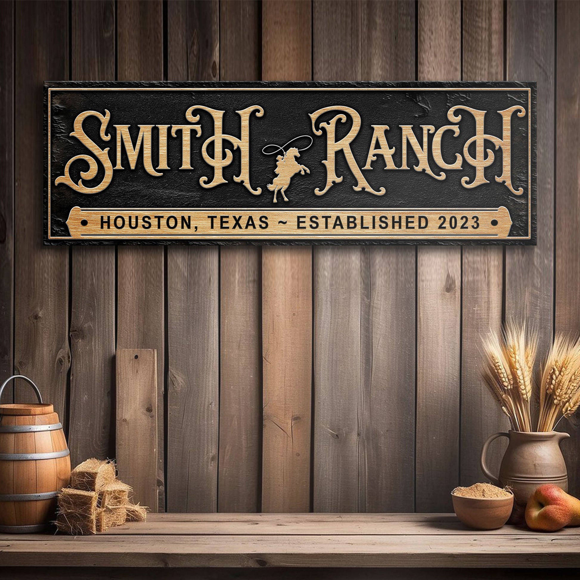 Personalized horse ranch sign canvas with gold lettering on black Tailored Canvases on Tampa Home & Garden Store