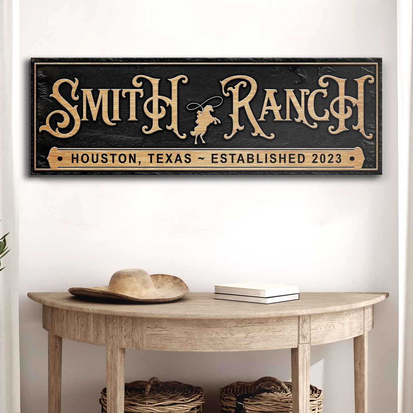 Personalized horse ranch sign canvas with gold lettering on black background on Tampa Home & Garden Store