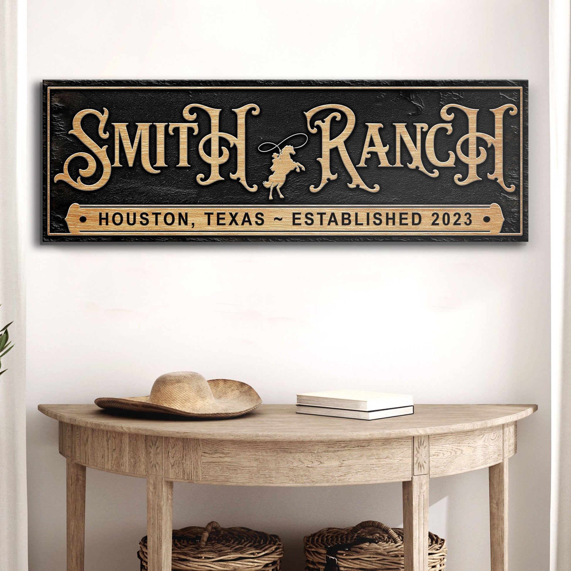 Personalized horse ranch sign canvas with gold lettering on black background on Tampa Home & Garden Store