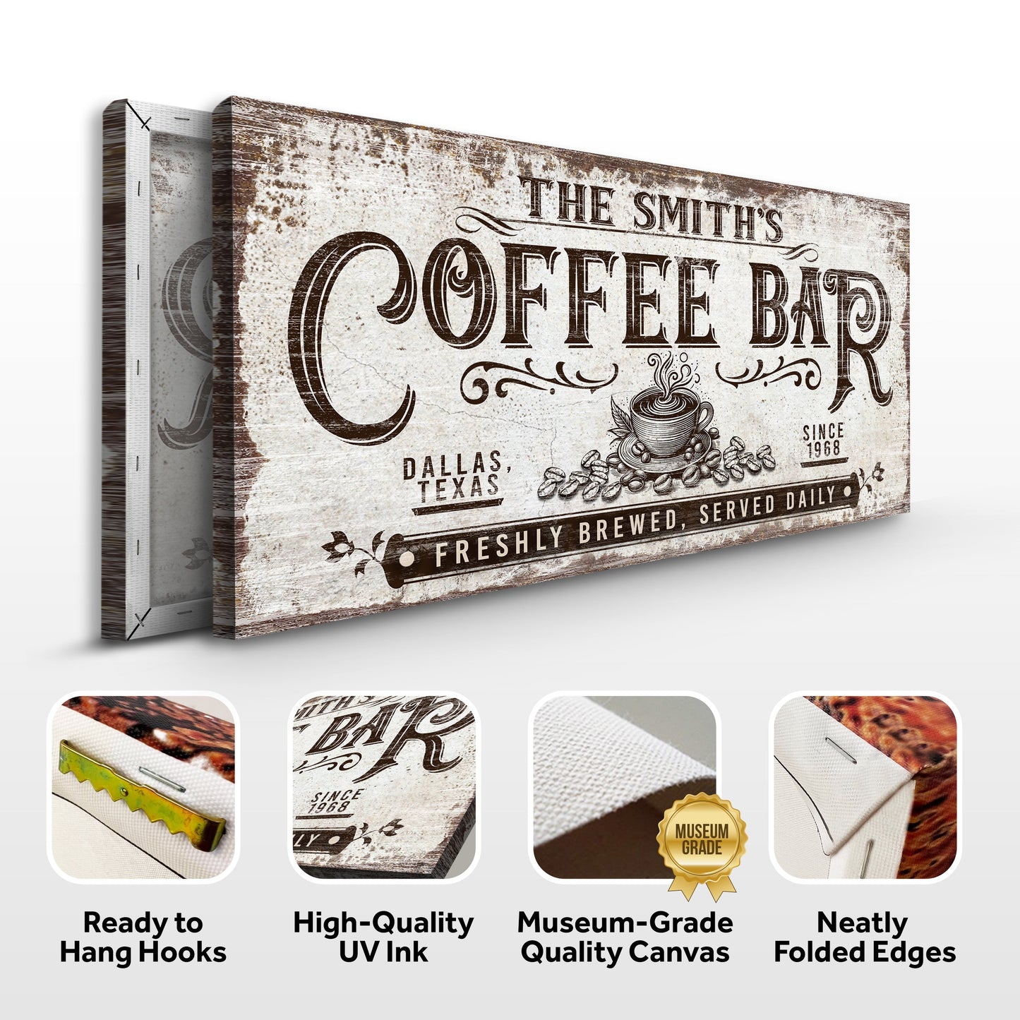 Personalized Coffee Bar Sign III canvas by Tailored Canvases, vintage coffee sign on Tampa Home & Garden Store