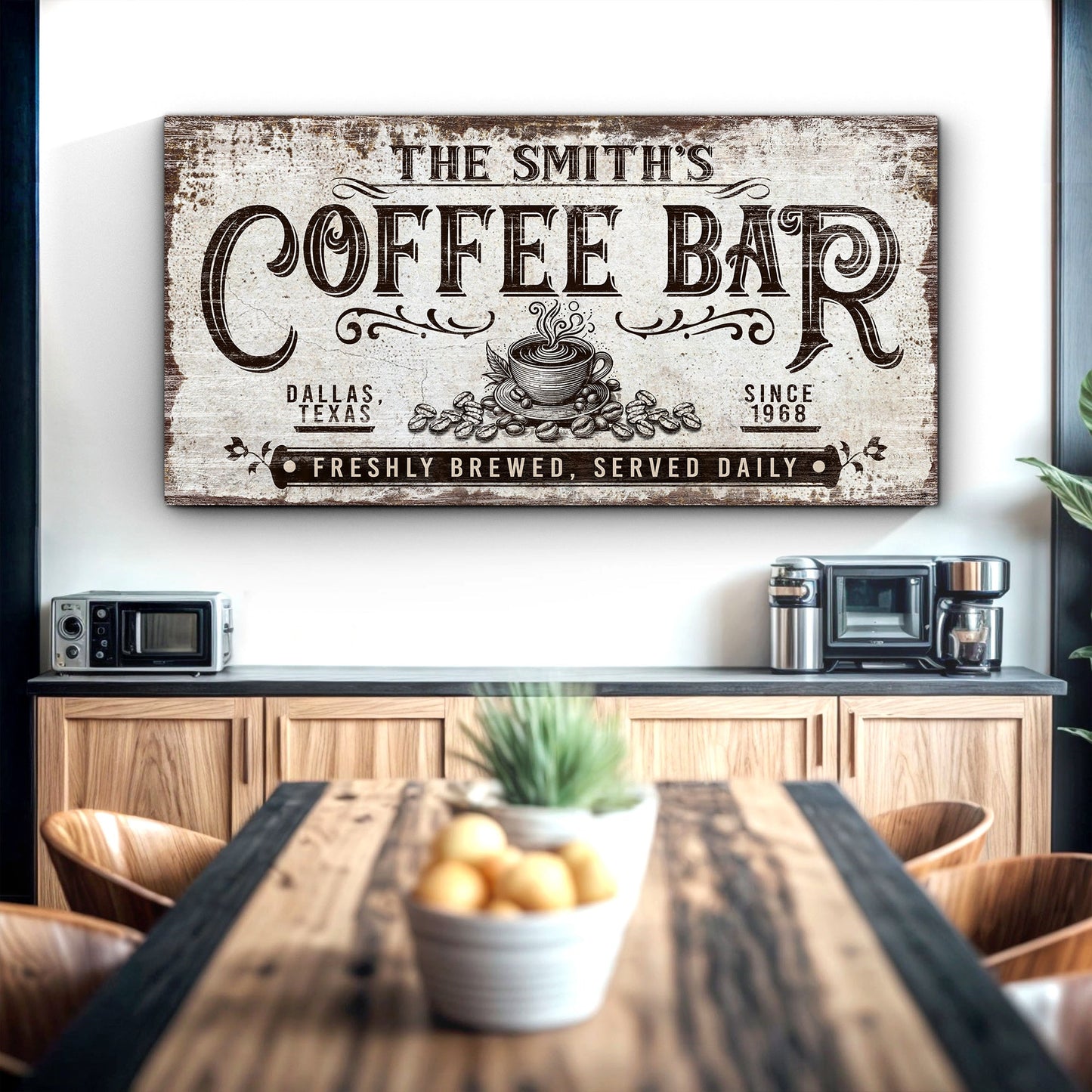 Personalized Coffee Bar Sign III canvas with distressed beige typography and coffee cup illustration on Tampa Home & Garden Store