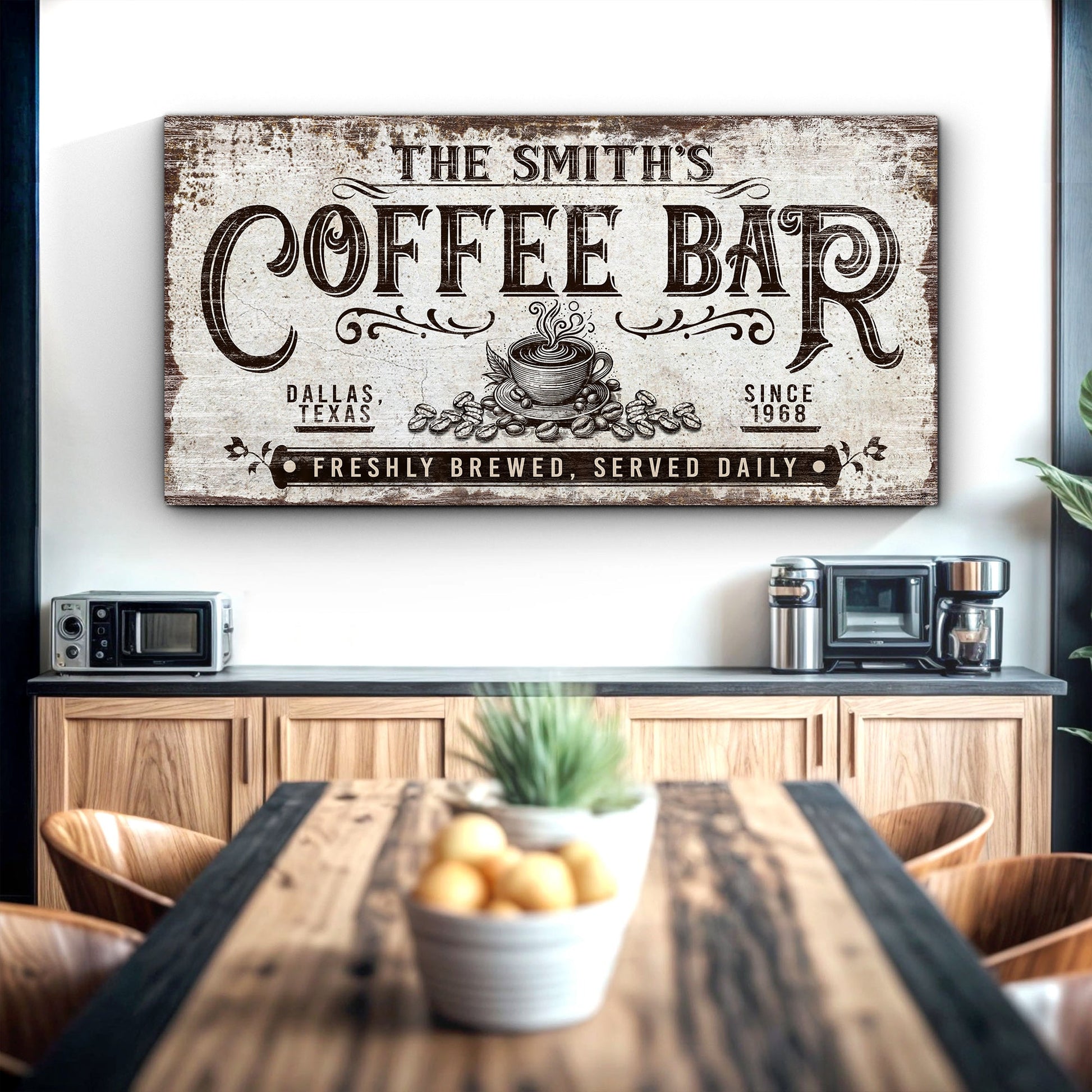 Personalized Coffee Bar Sign III canvas with distressed beige typography and coffee cup illustration on Tampa Home & Garden Store