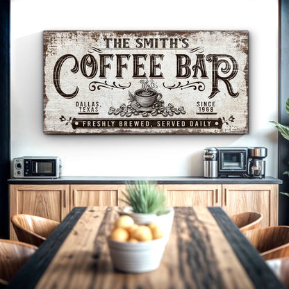 Personalized Coffee Bar Sign III canvas with distressed beige typography and coffee cup illustration on Tampa Home & Garden Store