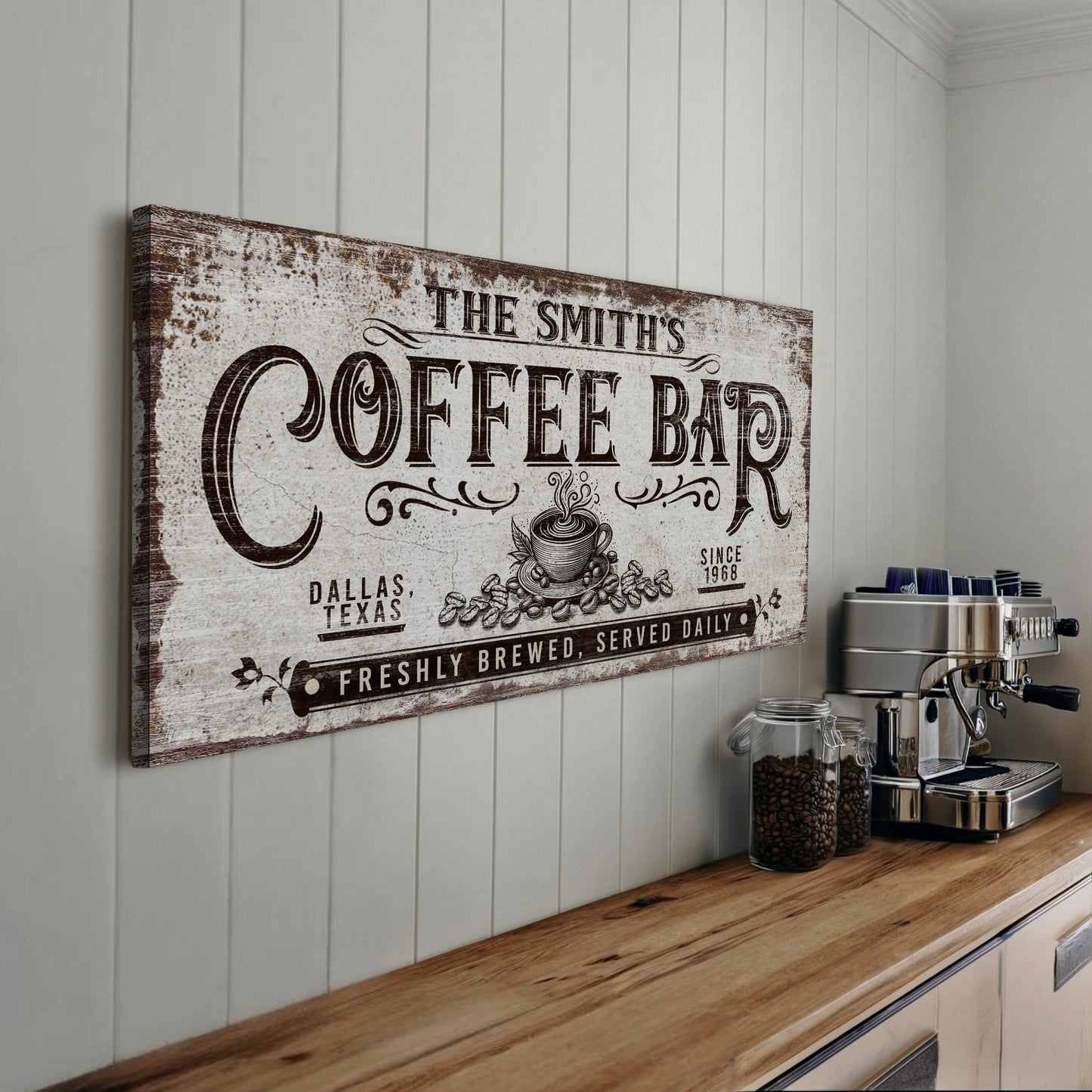 Personalized Coffee Bar Sign III canvas wall art with rustic distressed finish on Tampa Home & Garden Store