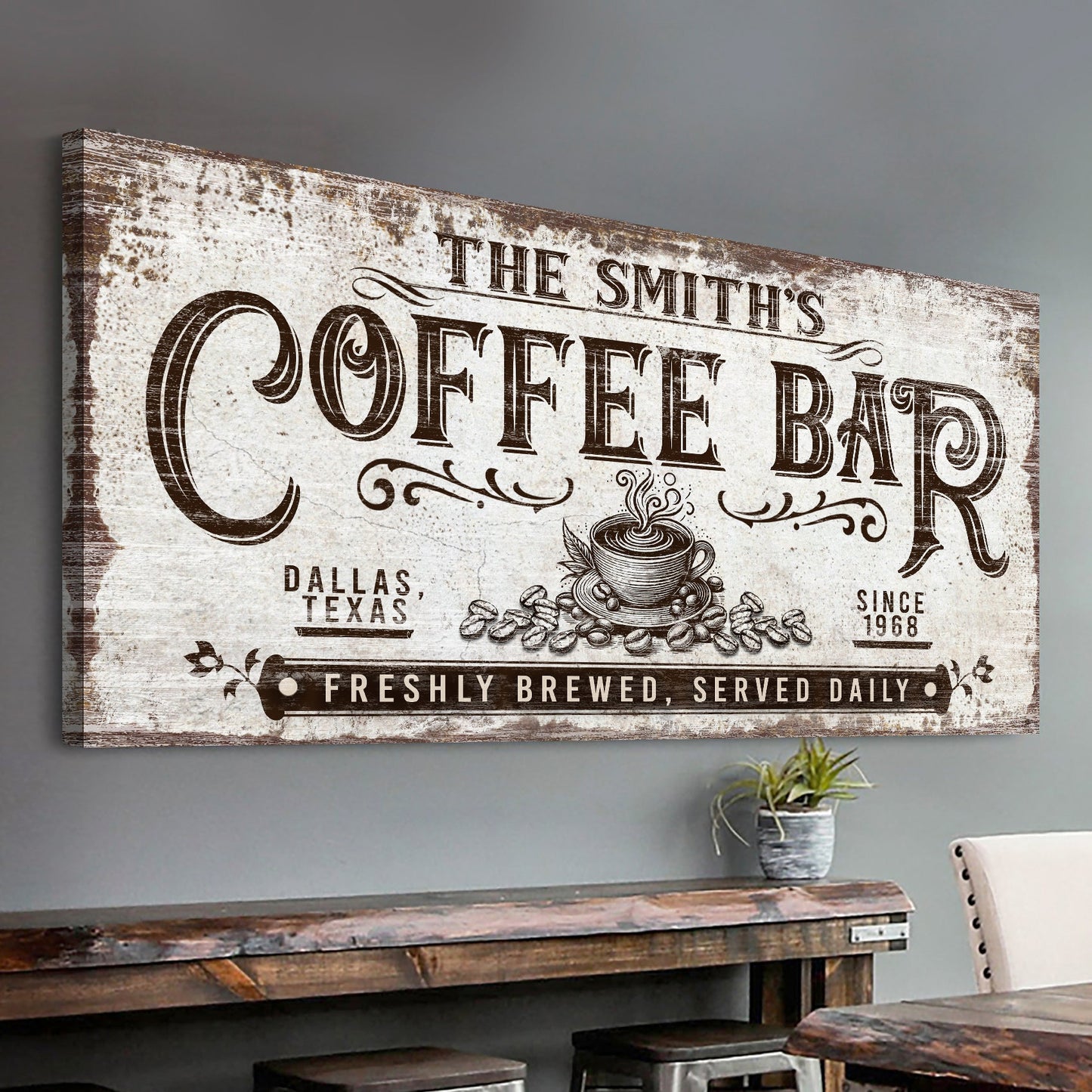 Personalized Coffee Bar Sign III canvas with vintage distressed typography on Tampa Home & Garden Store