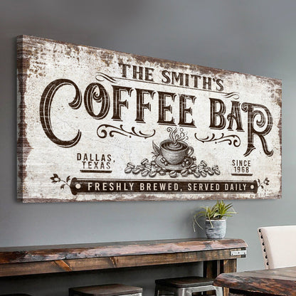 Personalized Coffee Bar Sign III canvas with vintage distressed typography on Tampa Home & Garden Store