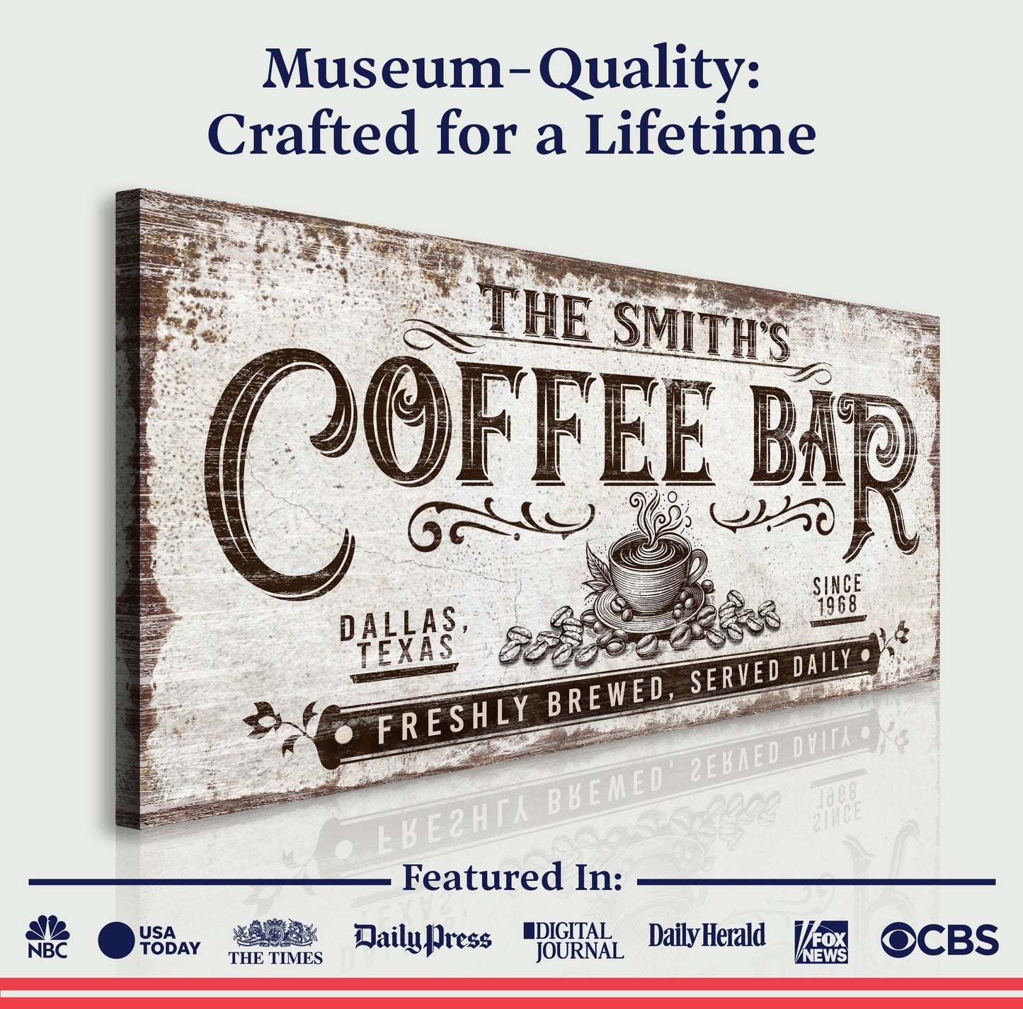Personalized Coffee Bar Sign III canvas by Tailored Canvases with vintage coffee typography on Tampa Home & Garden Store