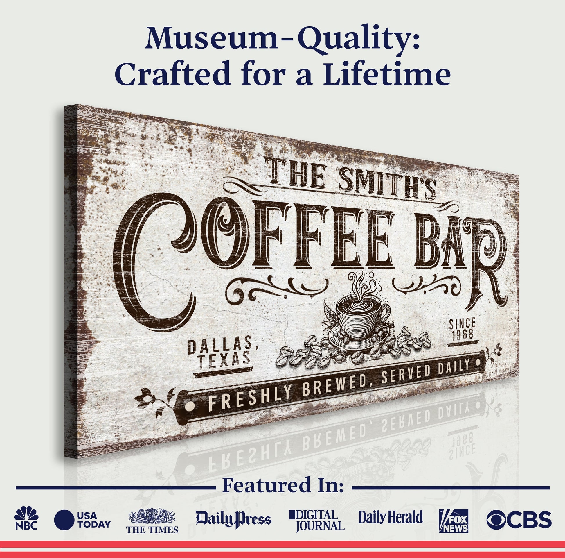 Personalized Coffee Bar Sign III canvas by Tailored Canvases with vintage coffee typography on Tampa Home & Garden Store