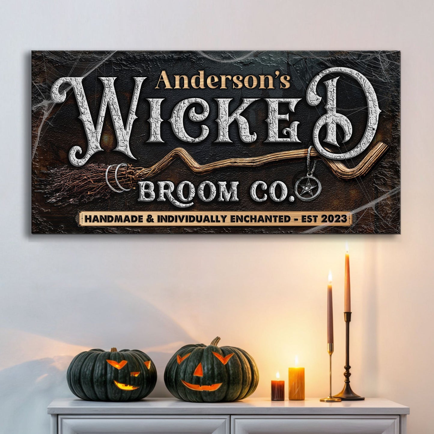 Personalized Wicked Halloween Sign II canvas with distressed lettering, cobwebs on Tampa Home & Garden Store