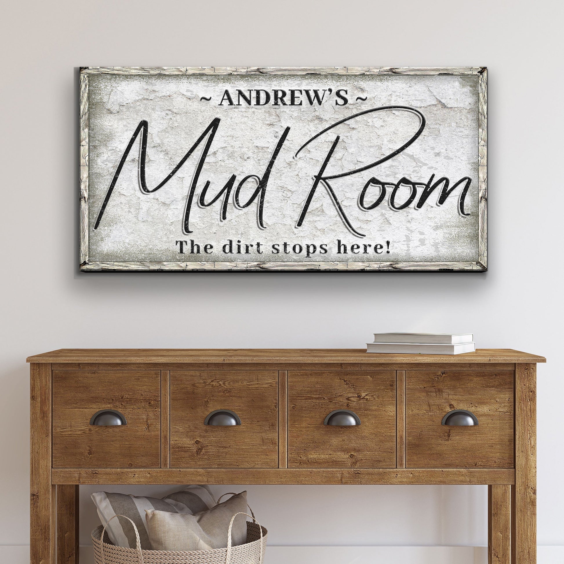 Personalized Mud Room Sign II canvas by Tailored Canvases with a distressed wood frame on Tampa Home & Garden Store