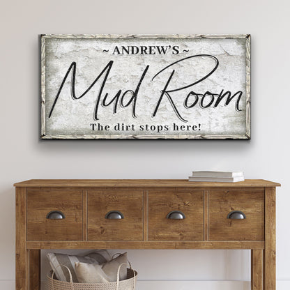 Personalized Mud Room Sign II canvas by Tailored Canvases with a distressed wood frame on Tampa Home & Garden Store