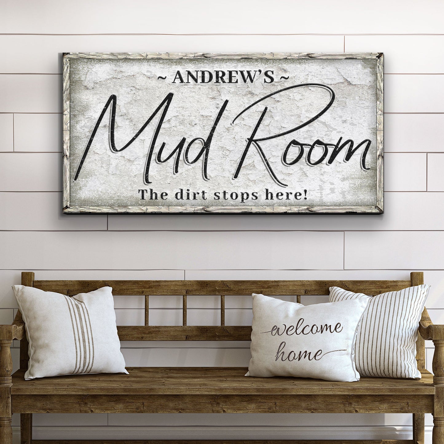 Canvas sign Personalized Mud Room II by Tailored Canvases with a distressed gray frame on Tampa Home & Garden Store