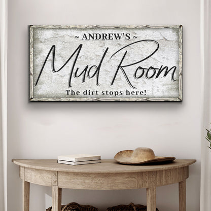 Mud Room Sign II canvas by Tailored Canvases with a wood frame and rustic stone backdrop on Tampa Home & Garden Store