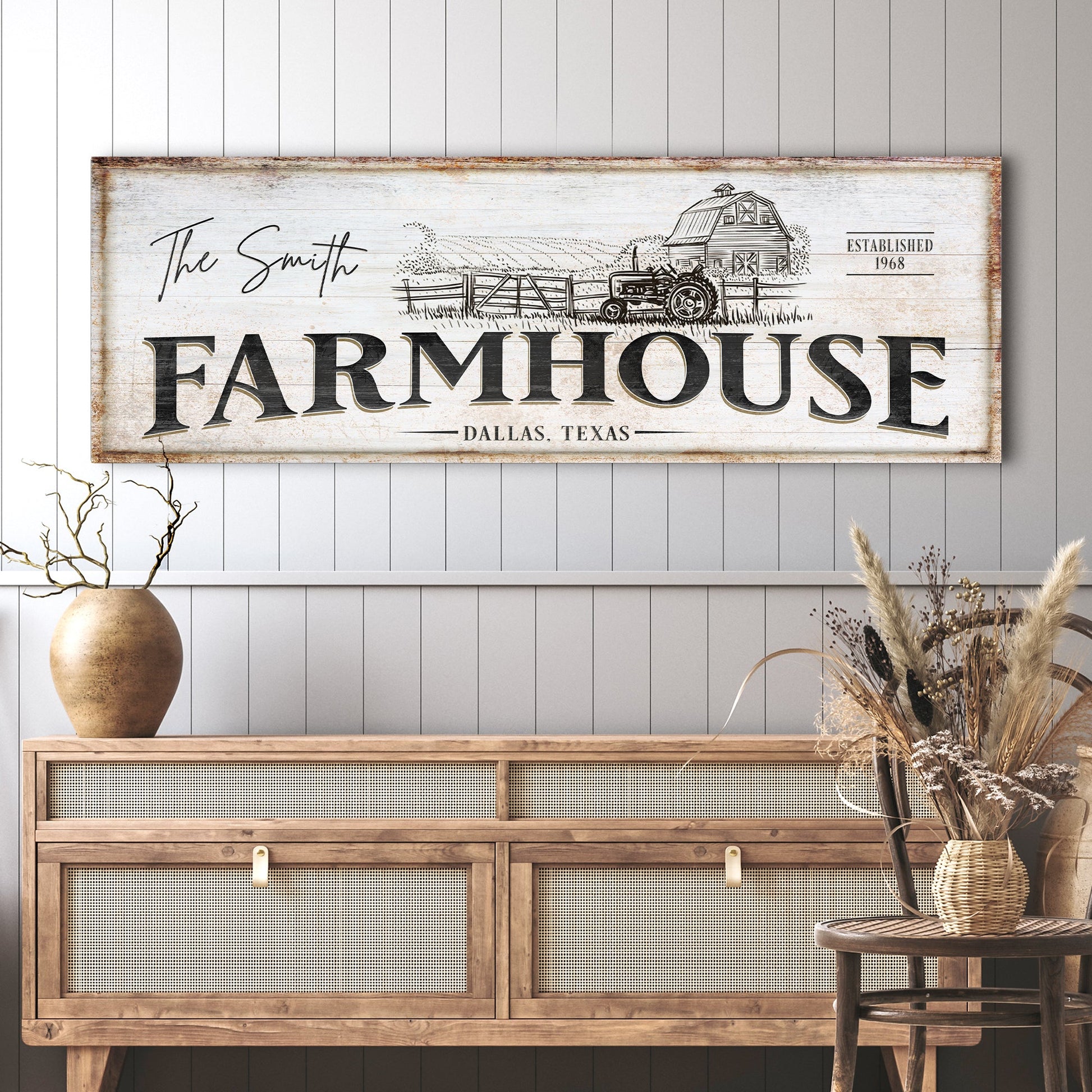 Rustic Farmhouse Sign III canvas by Tailored Canvases with distressed white wood look on Tampa Home & Garden Store