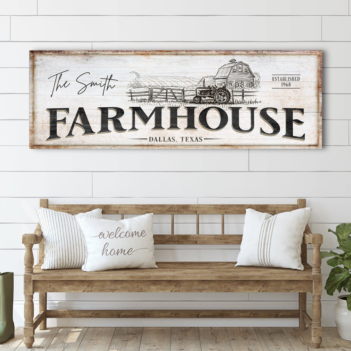 Rustic Farmhouse Sign III by Tailored Canvases with barn and tractor, FARMHOUSE text Dallas on Tampa Home & Garden Store