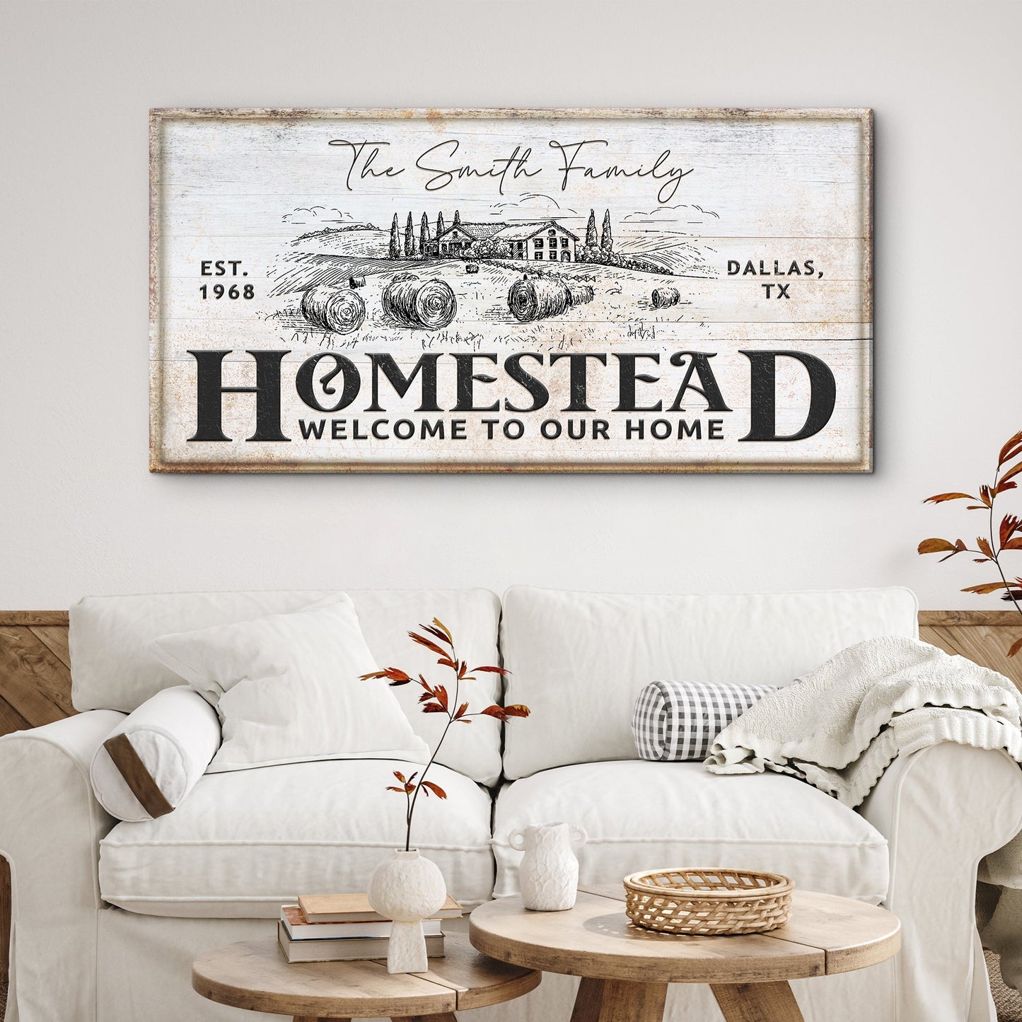 Canvas Vintage Homestead Sign IV by Tailored Canvases with rustic farmhouse scene and bold HOMESTEAD text on Tampa Home & Garden Store