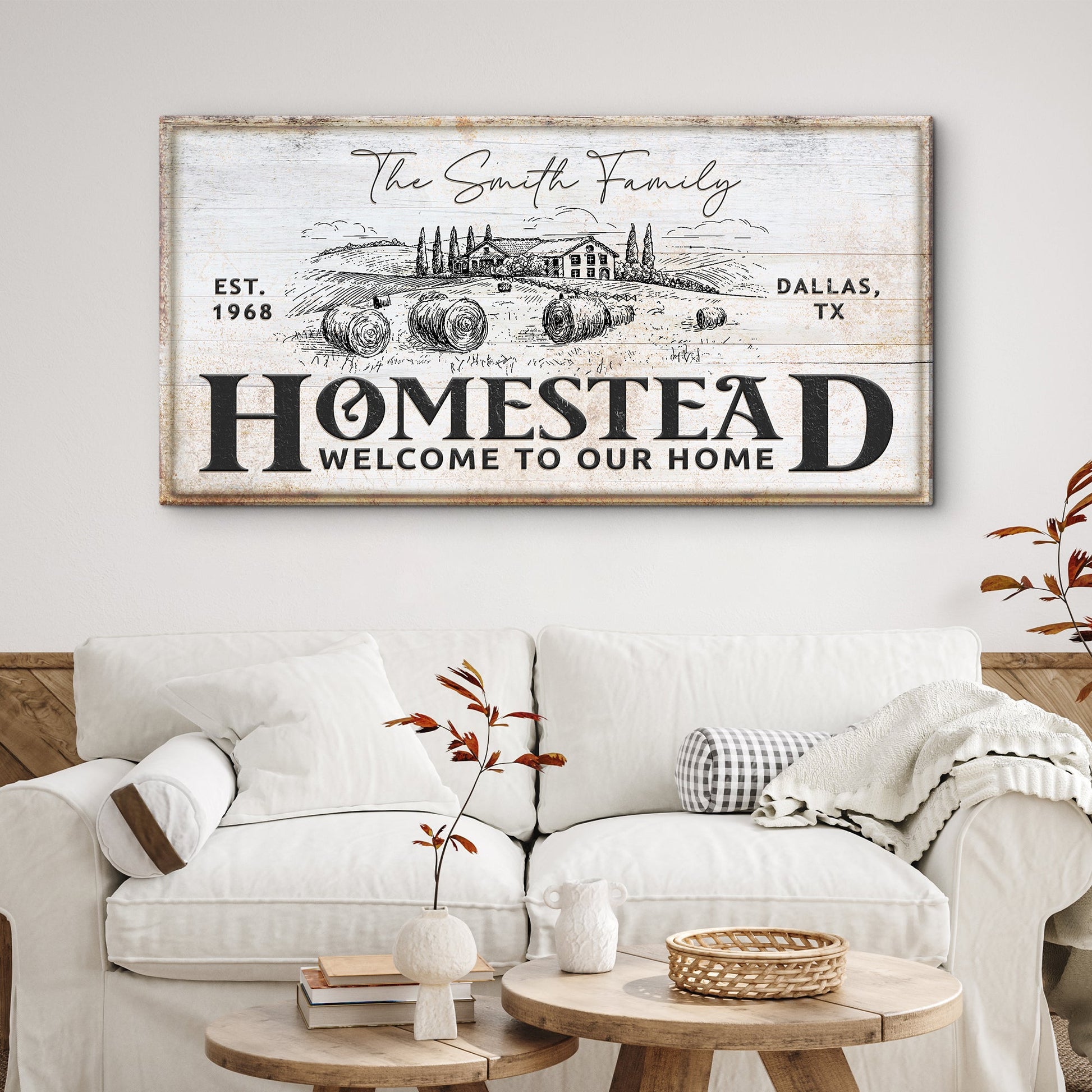 Canvas Vintage Homestead Sign IV by Tailored Canvases with rustic farmhouse scene and bold HOMESTEAD text on Tampa Home & Garden Store