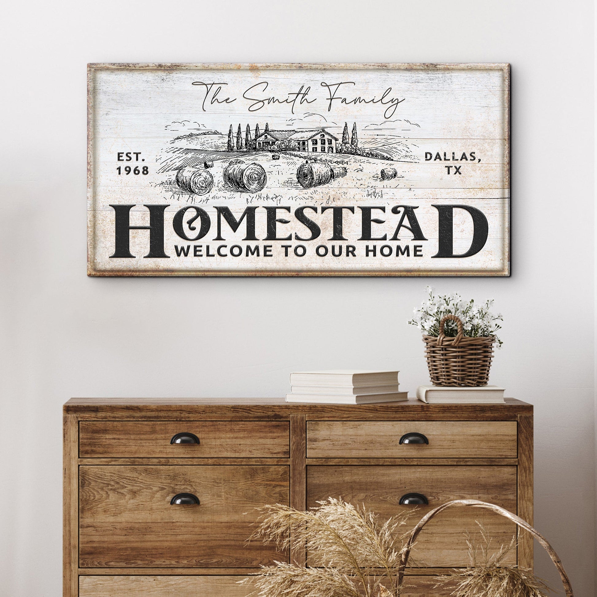 Vintage Homestead Sign IV canvas with rustic farm scene and EST. 1968 Dallas TX on Tampa Home & Garden Store
