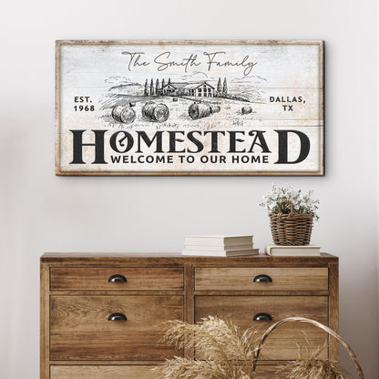 Vintage Homestead Sign IV canvas with rustic farm scene and EST. 1968 Dallas TX on Tampa Home & Garden Store