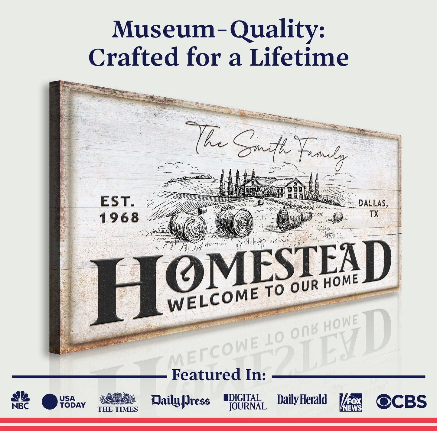 Vintage Homestead Sign IV canvas by Tailored Canvases with rustic weathered wood texture on Tampa Home & Garden Store