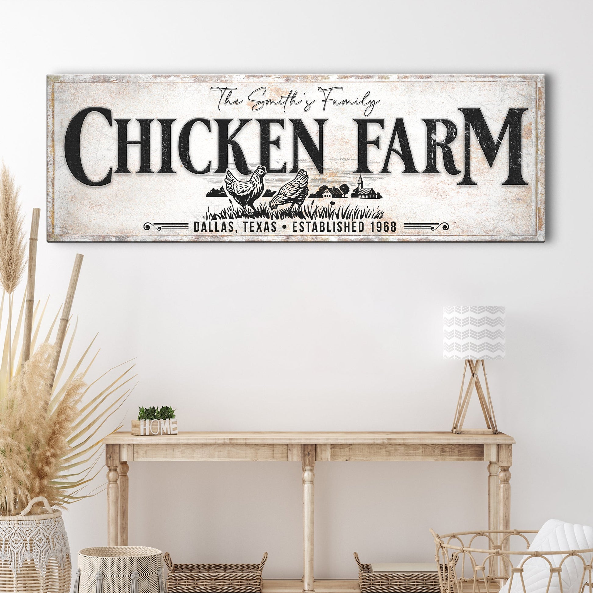 Rustic chicken farm sign canvas wall art with CHICKEN FARM lettering and farmhouse scene on Tampa Home & Garden Store