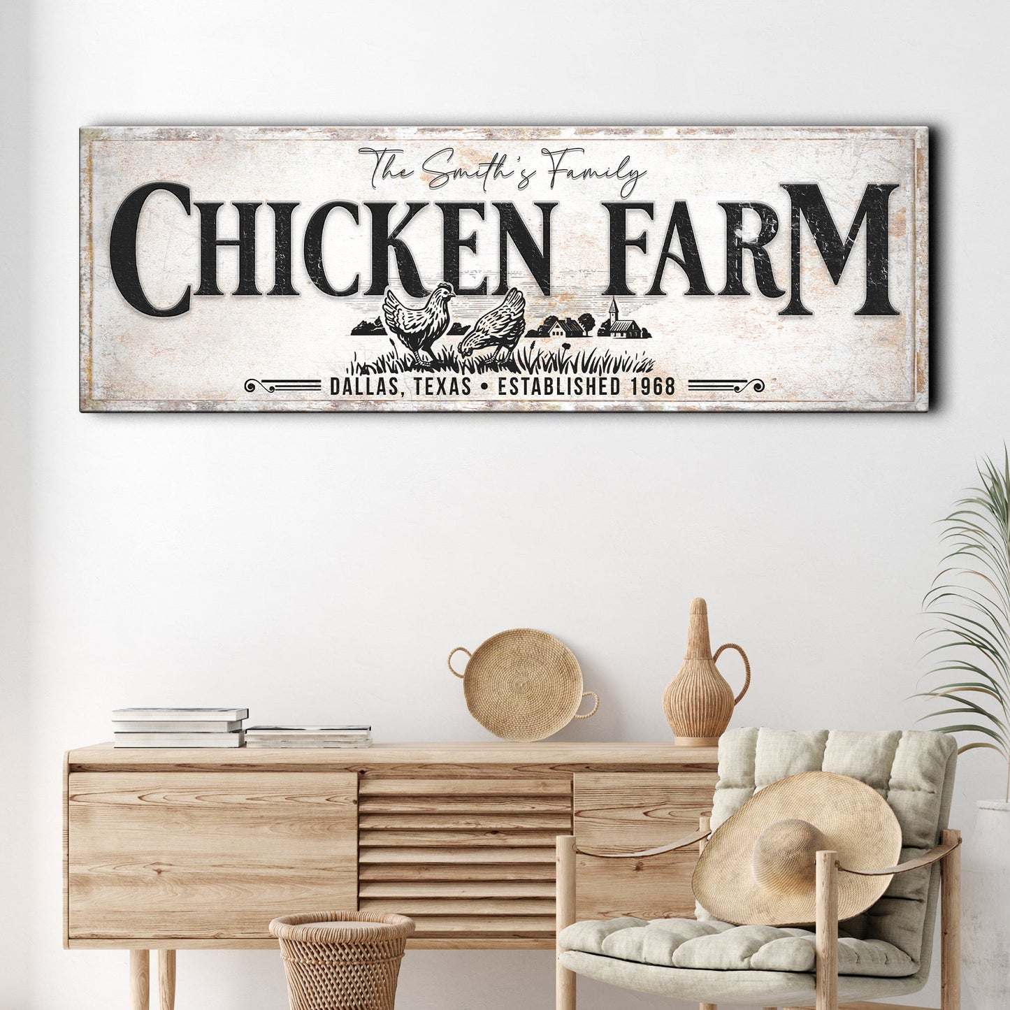 Chicken Family Farm Sign canvas by Tailored Canvases with white finish and bold black lettering on Tampa Home & Garden Store