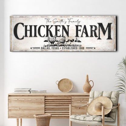 Chicken Family Farm Sign canvas by Tailored Canvases with white finish and bold black lettering on Tampa Home & Garden Store