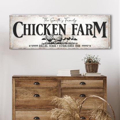 Canvas sign Chicken Farm by Tailored Canvases with white background and bold lettering on Tampa Home & Garden Store