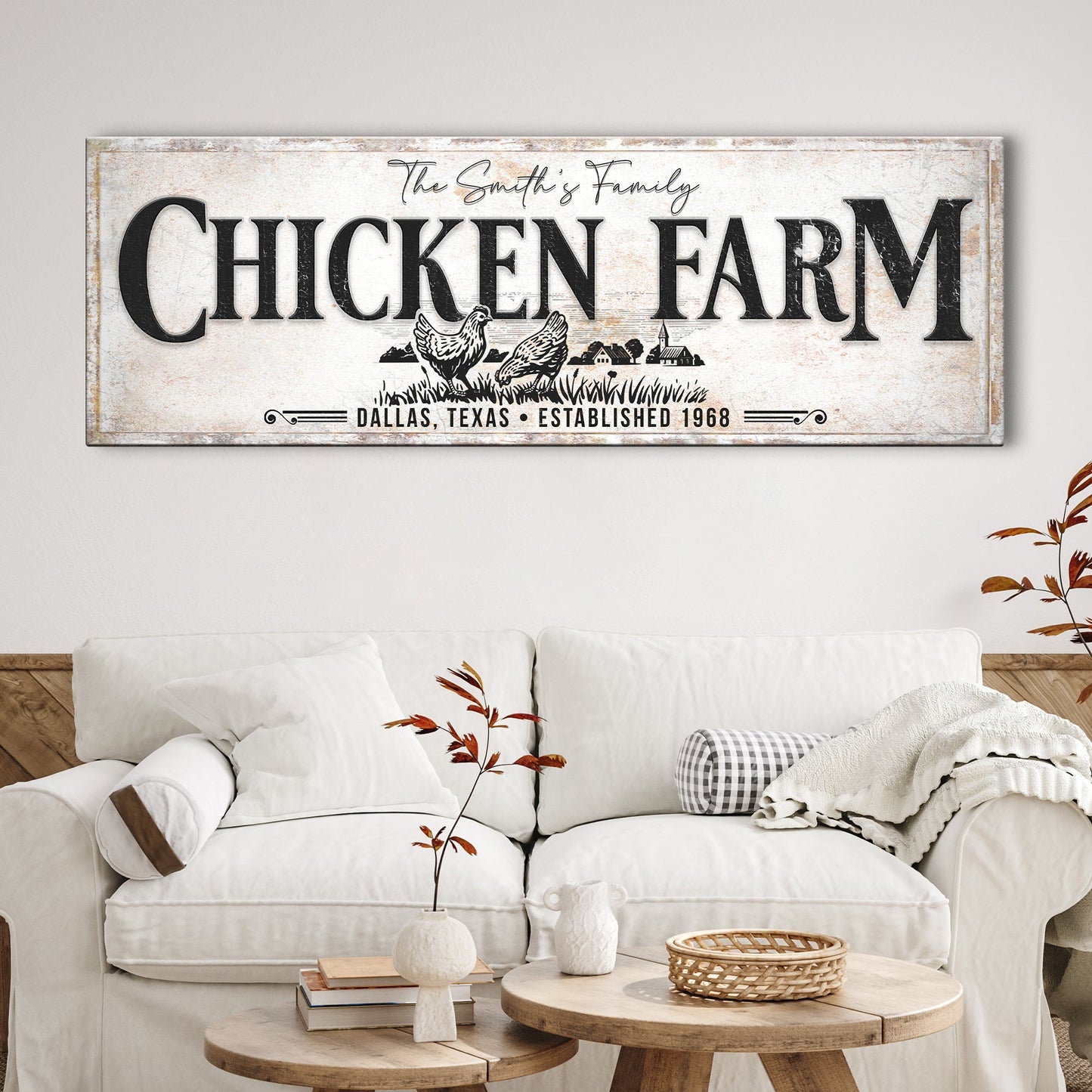 Chicken Family Farm Sign canvas wall art with distressed white background and bold CHICKEN FARM on Tampa Home & Garden Store