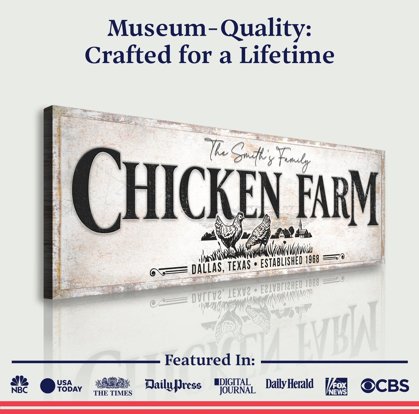 Chicken Family Farm sign canvas by Tailored Canvases, weathered rustic farmhouse decor on Tampa Home & Garden Store