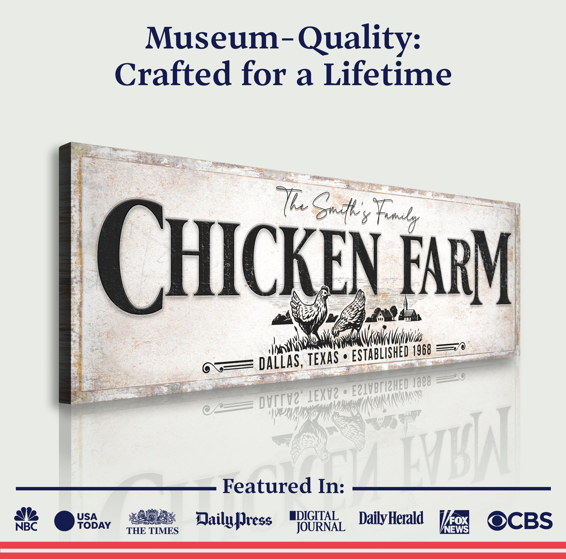 Chicken Family Farm sign canvas by Tailored Canvases, weathered rustic farmhouse decor on Tampa Home & Garden Store
