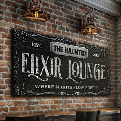 Canvas sign The Haunted Elixir Lounge Halloween Sign with silver plaque on brick wall on Tampa Home & Garden Store