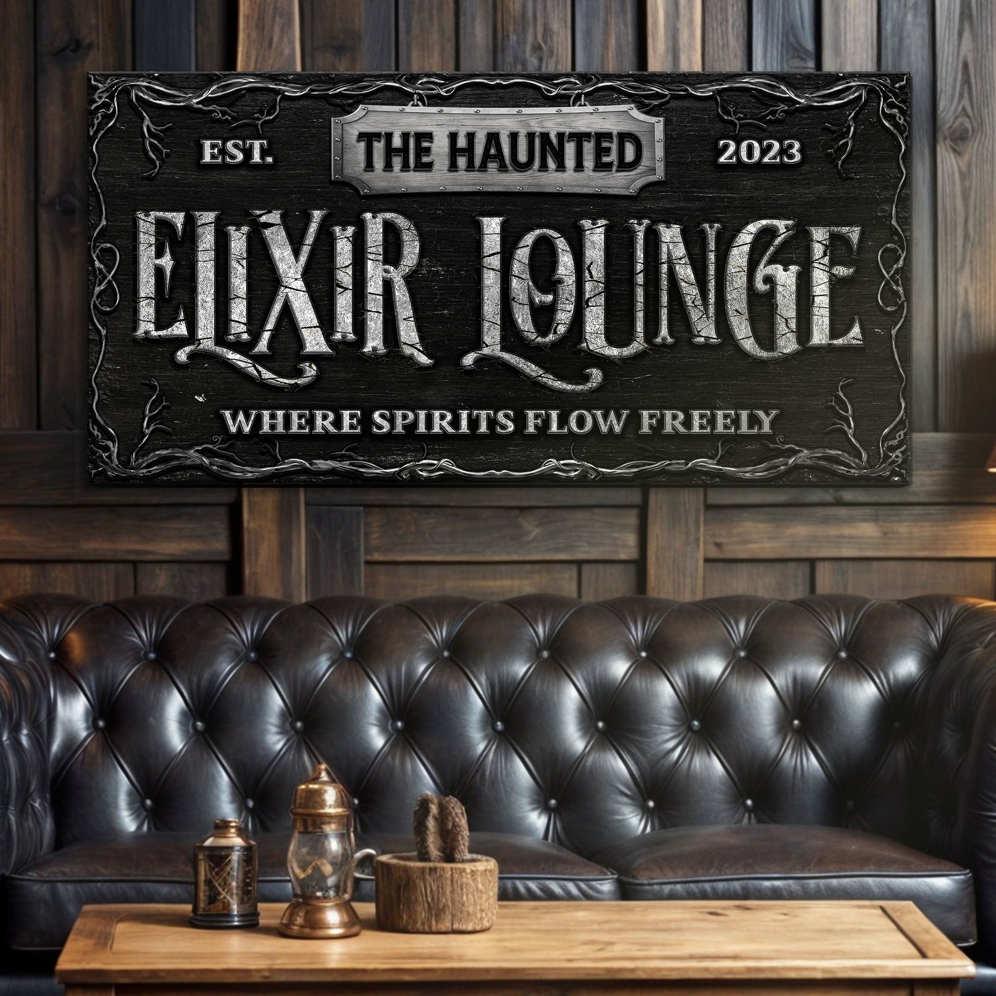 The Haunted Elixir Lounge Halloween Sign canvas by Tailored Canvases, black distressed wood on Tampa Home & Garden Store