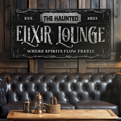 The Haunted Elixir Lounge Halloween Sign canvas by Tailored Canvases, black distressed wood on Tampa Home & Garden Store
