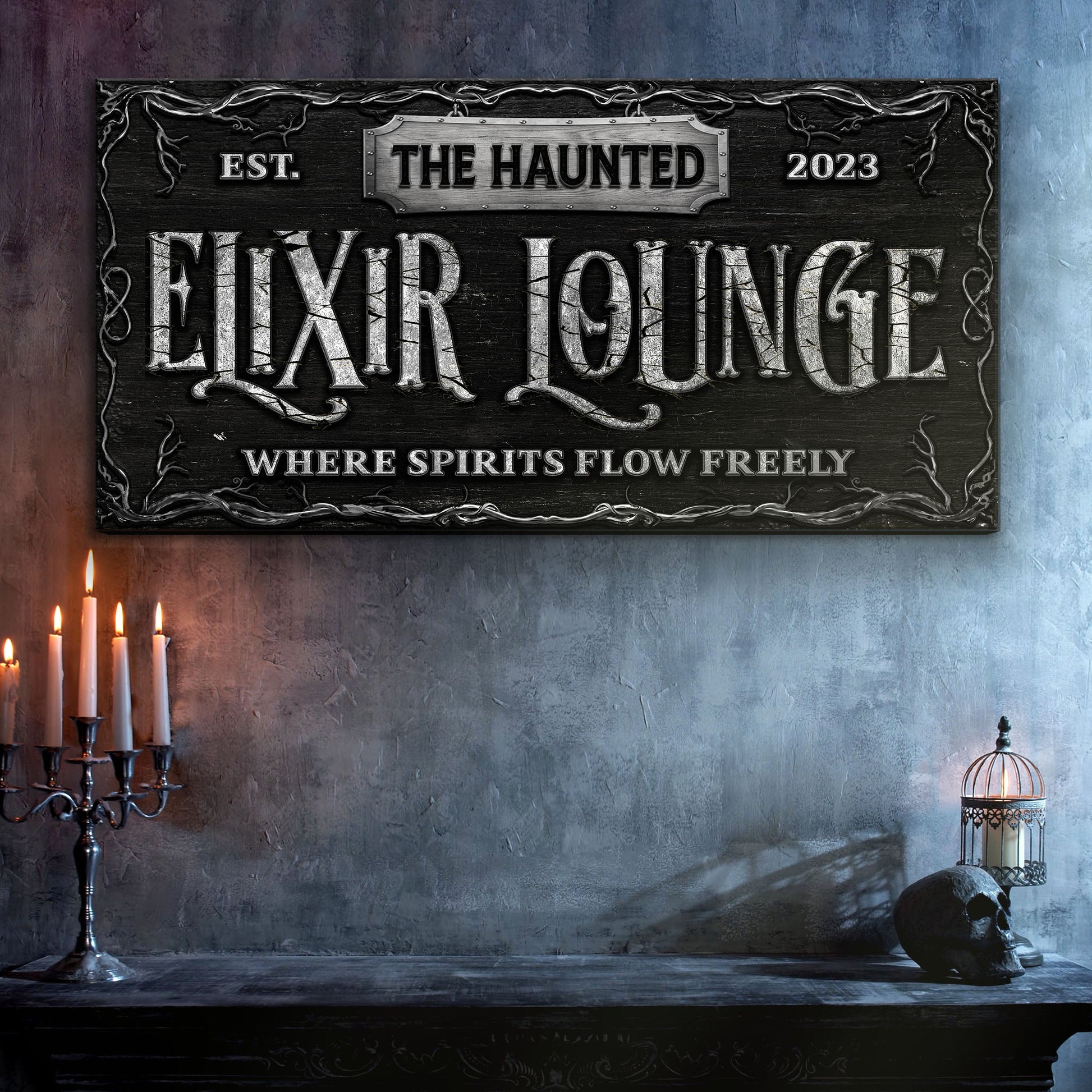 Canvas sign The Haunted Elixir Lounge by Tailored Canvases on dark wood look on Tampa Home & Garden Store