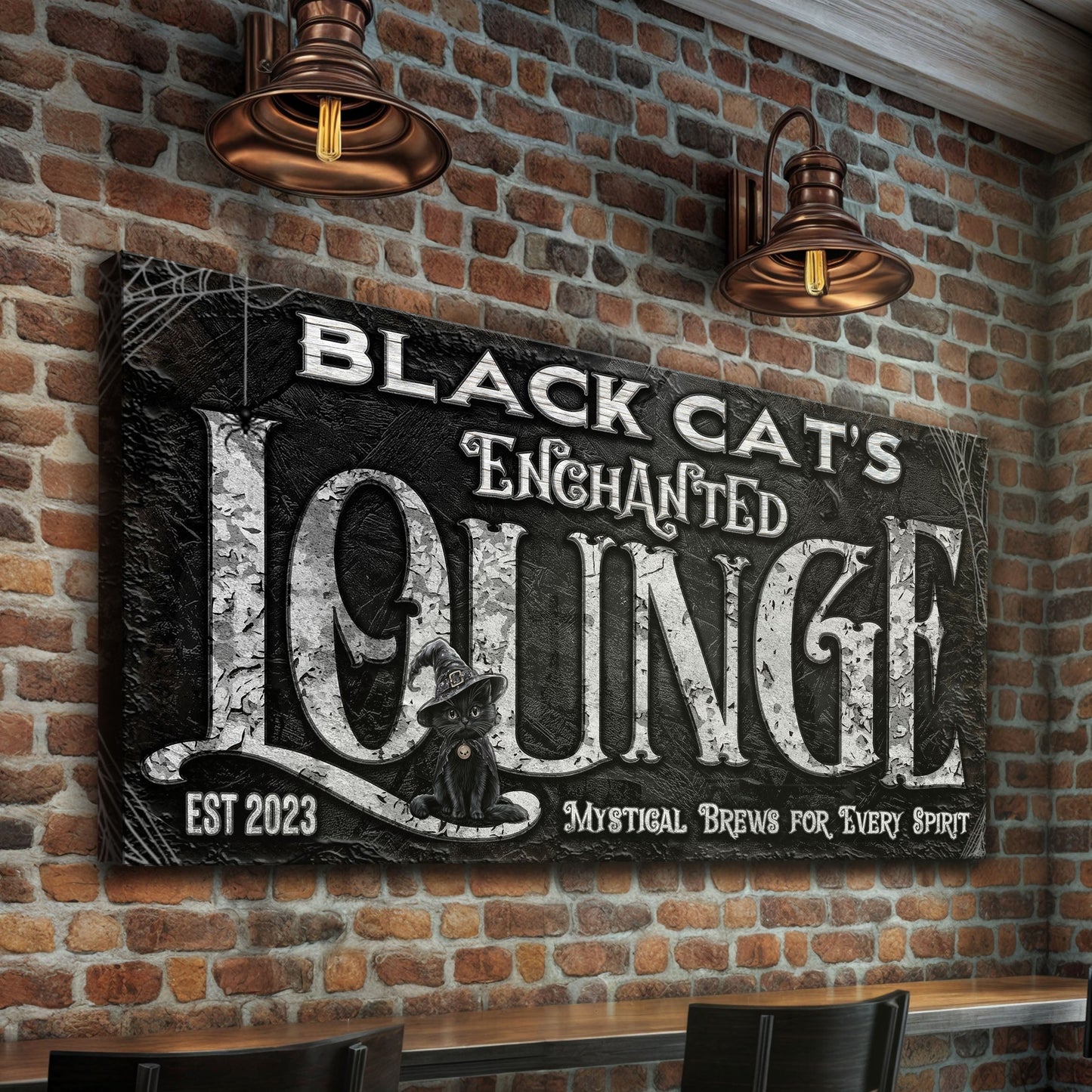 Canvas sign Black Cat's Enchanted Halloween with gothic lettering and cat by Tailored Canvases on Tampa Home & Garden Store
