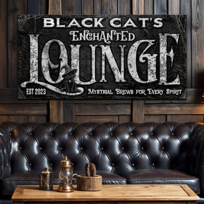 Canvas sign Black Cat's Enchanted Lounge Halloween with distressed silver lettering and cat motif on Tampa Home & Garden Store