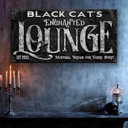 Canvas sign Black Cat's Enchanted Lounge with silver lettering and a witch-hat cat on Tampa Home & Garden Store