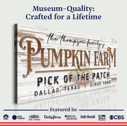 Pick Of The Patch Pumpkin Farm Sign II canvas with distressed wood and bold brown lettering on Tampa Home & Garden Store