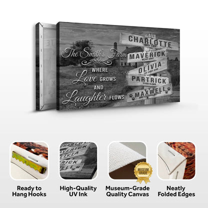 Canvas family names sign on rustic wood with Where Love Grows and Laughter Flows on Tampa Home & Garden Store