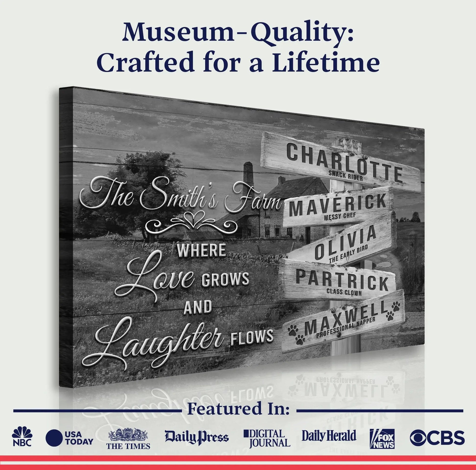 Canvas Where Love Grows And Laughter Flows Family Names Sign in grayscale rustic wood panel design Tailored Canvases on Tampa Home & Garden Store