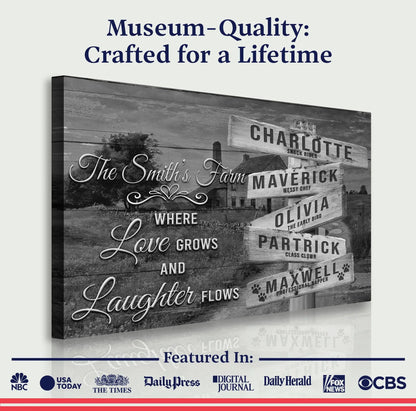 Canvas Where Love Grows And Laughter Flows Family Names Sign in grayscale rustic wood panel design Tailored Canvases on Tampa Home & Garden Store