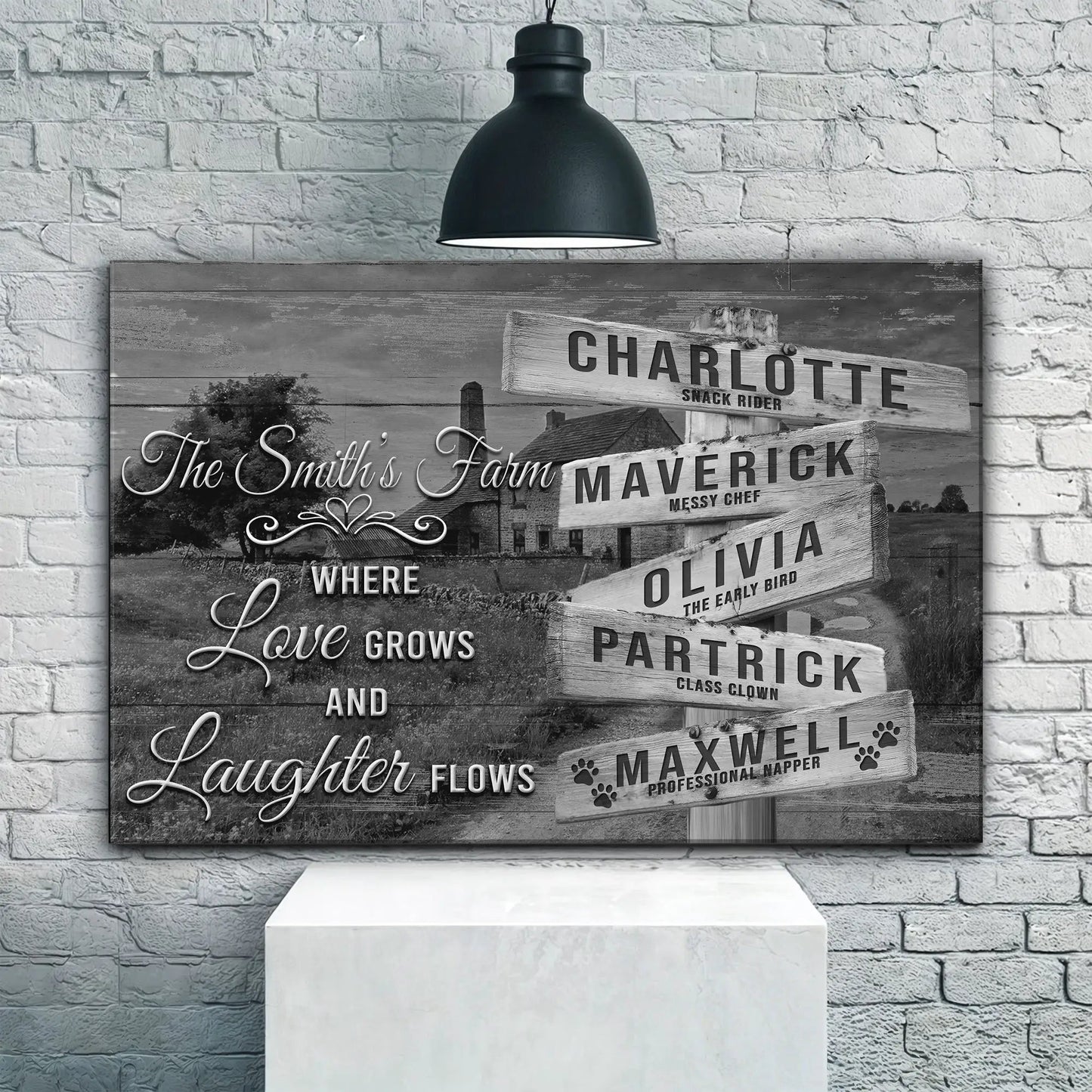 Where Love Grows And Laughter Flows family names canvas sign with rustic wood panels on Tampa Home & Garden Store