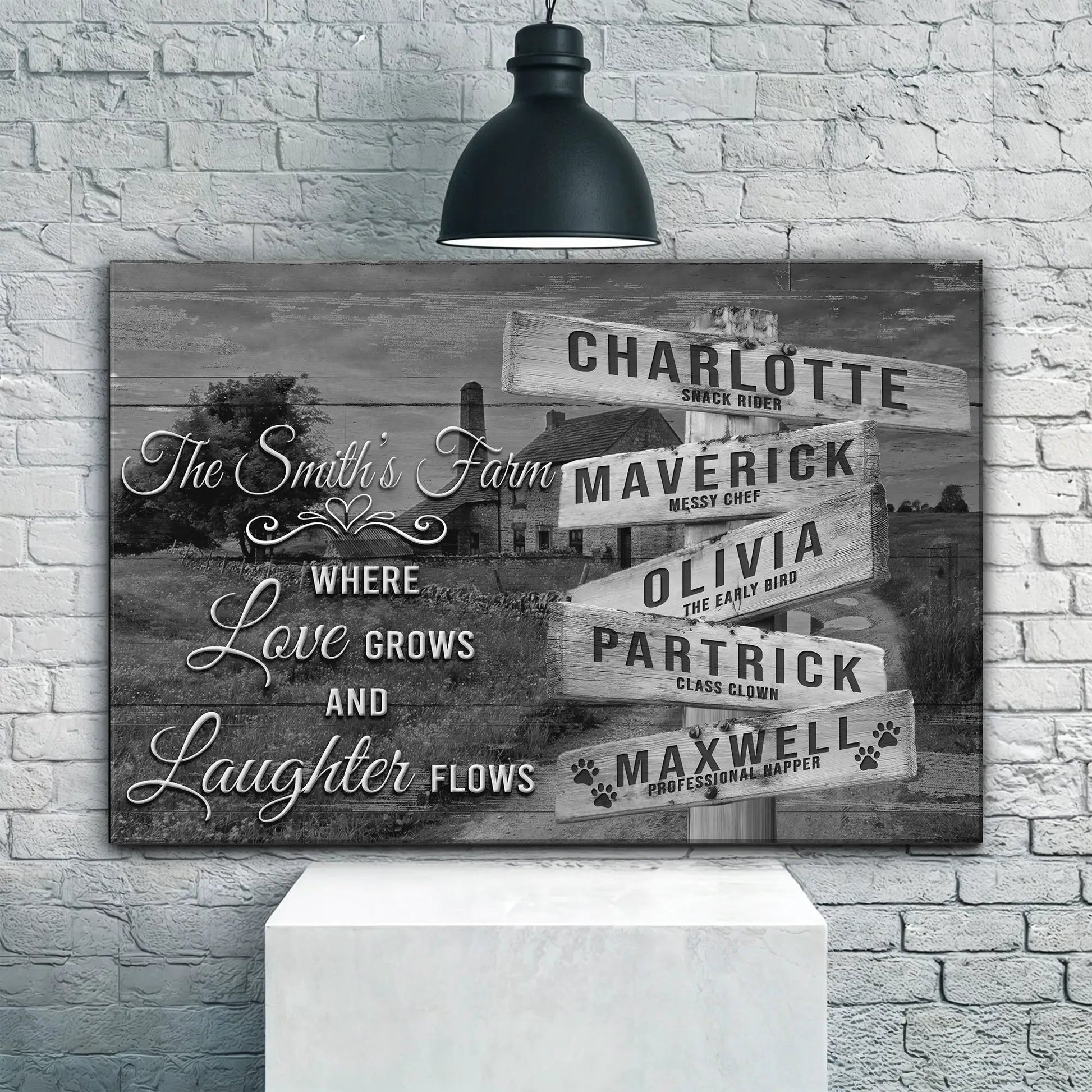 Where Love Grows And Laughter Flows family names canvas sign with rustic wood panels on Tampa Home & Garden Store