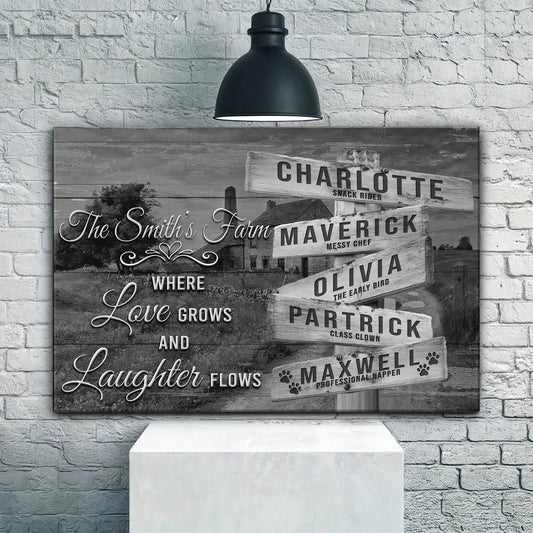 Where Love Grows And Laughter Flows family names canvas sign with rustic wood panels on Tampa Home & Garden Store