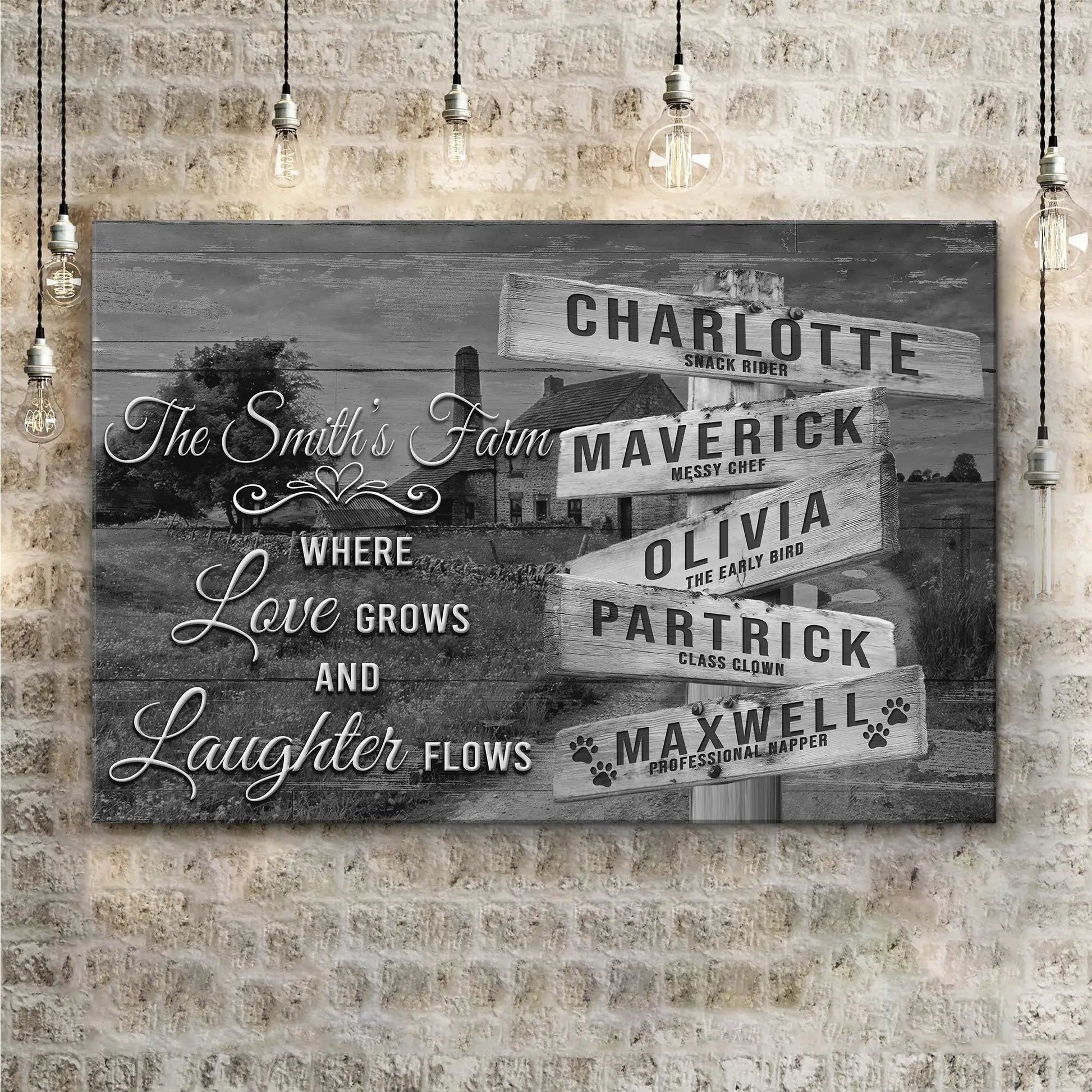 Where Love Grows And Laughter Flows Family Names Sign canvas art with wood and warm bulbs on Tampa Home & Garden Store